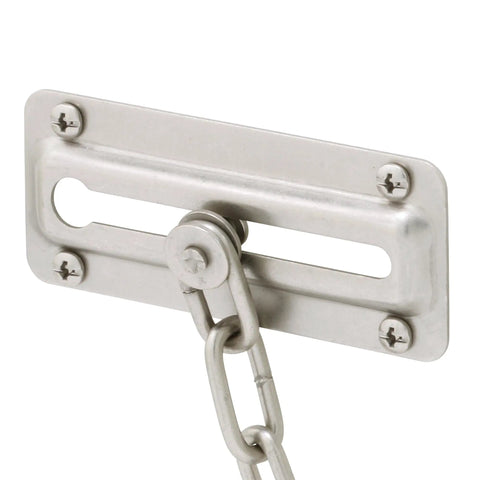 Close-up of door guard with steel chain for inward swing doors in satin nickel heavy duty diecast and steel construction built to last