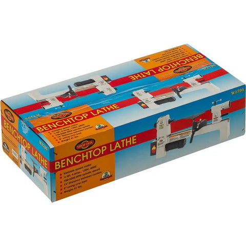 8 Inch Swing Benchtop Wood Lathe With Variable Speed Motor And 13 Inch Tool Rest box packaging with design details