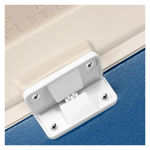 Close-up of adjustable concealed cooler lid hinge with damping and strong springs, includes mounting screws for installation in kitchens.