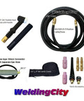200 Amp TIG Welding Torch WP-26F Flexible Head Air Cooled Complete Package With 25 Ft Power Cable Hose Dinse 35-50 Solid Pin Cable Adapter Separate Gas Line