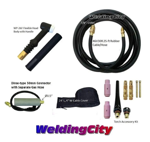 200 Amp TIG Welding Torch WP-26F Flexible Head Air Cooled Complete Package With 25 Ft Power Cable Hose Dinse 35-50 Solid Pin Cable Adapter Separate Gas Line