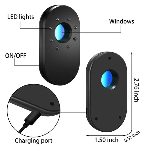 Camera Detector With Led Infrared Scanning Technology For Hidden Cameras Anti Sneak Photo And Monitoring For Hotel Bathrooms Black Portable Privacy Shield Easy To Use shown with dimensions and features like LED lights and charging port.