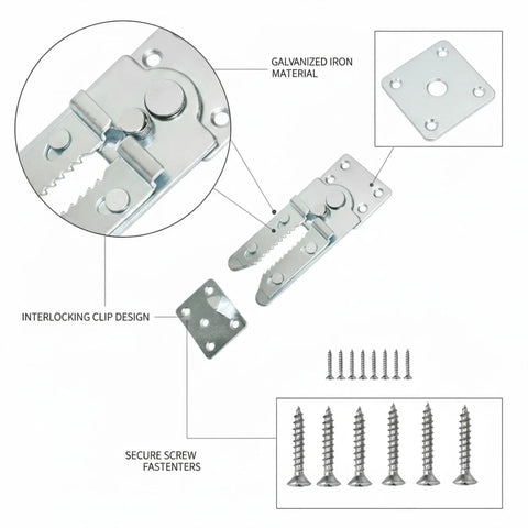 Clip Style Must-Have Galvanized Iron Sofa Connector, interlocking design with screws, shown in detailed close-up.
