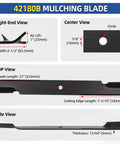 Diagram showing dimensions of 42180B mulching blade for lawn mowers; key views include right-end, center, top, and side with measurements.