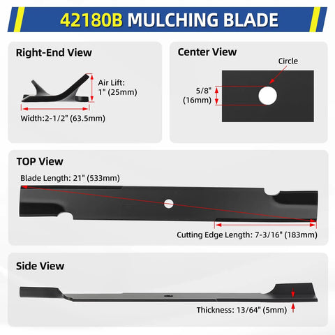 Diagram showing dimensions of 42180B mulching blade for lawn mowers; key views include right-end, center, top, and side with measurements.