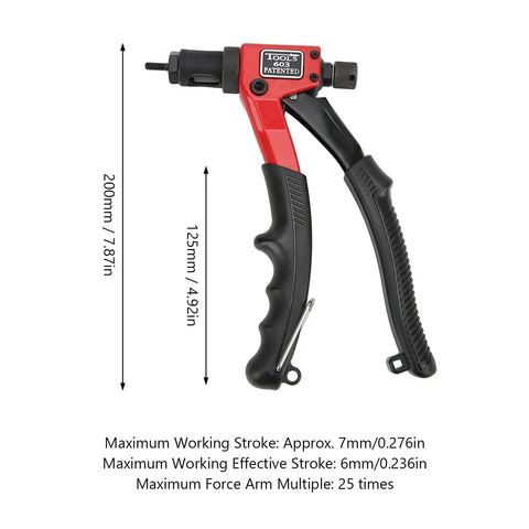 All In One Manual Hand Rivet Nut Tool Kit With Interchangeable Mandrels M3 M4 M5 M6 For Auto Body And Marine Projects showing tool dimensions