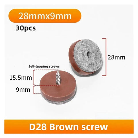 Solid Setup Chair Leg Floor Protectors Thirty Piece Pack Brown Felt Foot Pads featuring tight screw in glides, 28mm diameter pads.