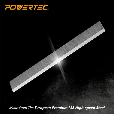 Top Shelf Six Inch Jointer Knife Blades For Delta And Jet Models Set Of Three Premium Steel Cutter Edges on black background.