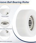Pack Of Four White Plastic Roller Idler Bearings Pulleys 8x35x15mm For Sliding Doors Furniture Hardware Quiet Easy Glide Nylon Track Wheel For Home Improvement Projects, grooved close-up