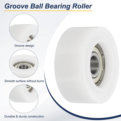 Pack Of Four White Plastic Roller Idler Bearings Pulleys 8x35x15mm For Sliding Doors Furniture Hardware Quiet Easy Glide Nylon Track Wheel For Home Improvement Projects, grooved close-up