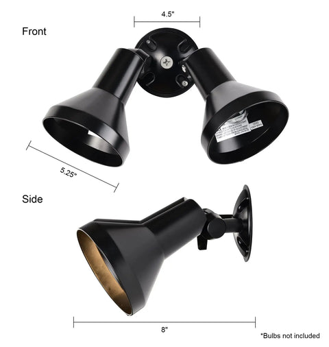 Two Light Outdoor Security Flood Light Built Tough In Cast Aluminum Weatherproof And Wet Rated Adjustable Coverage For Walkways And Entrances Black Finish CULus Listed, front and side view.