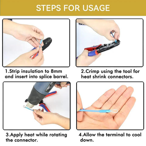 Steps to use Pro Grade 50 Pc Ring Terminals One Half Inch Yellow Heat Shrink Wire Connector Kit for 12 to 10 AWG.
