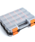 Double Sided Plastic Tool Box With Removable Dividers For Beads Screws Nuts Nails Bolts And Crafts A Handy Hardware Organizer For Home DIY Projects Grab And Go Portable And Space Saving with orange latches and transparent lid.