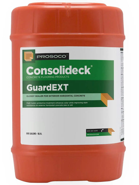 Pro Grade Heavy Duty Exterior Concrete Sealer With Slick High Gloss Finish And Deep Color Pop For Driveways Patios And Pool Decks in a 5-gallon orange container.