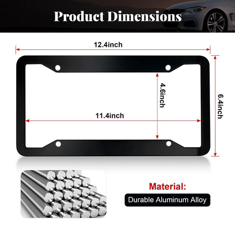 Gloss Black Heavy Duty License Plate Frames Set Of 2, Slick Aluminum Alloy Car Plate Holder Dimensions and Material