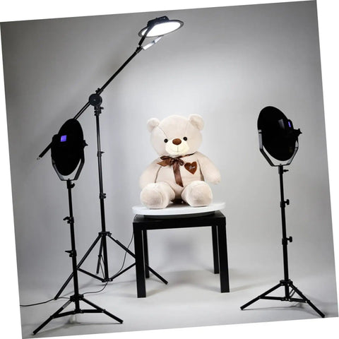 Sparkling 360 Rotating Turntable Display Stand For Jewelry Watches And Digital Products Mirror Base Electric Spin Platform used with plush bear and studio lights.