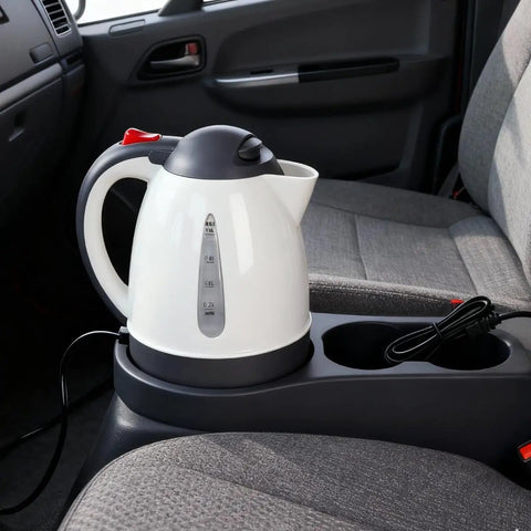 Heavy Duty 24V Electric Kettle For Trucks Built Like A Tank With Auto Shut Off 1 Liter Portable Water Heater in truck cup holder.