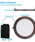 Dimensions of the 8 Inch Slim Recessed LED Canless Downlight Kit With J-Box, Dimmable 18W, ETL Listed, CRI 90, 5000K Daylight, Oil Rubbed Bronze Finish