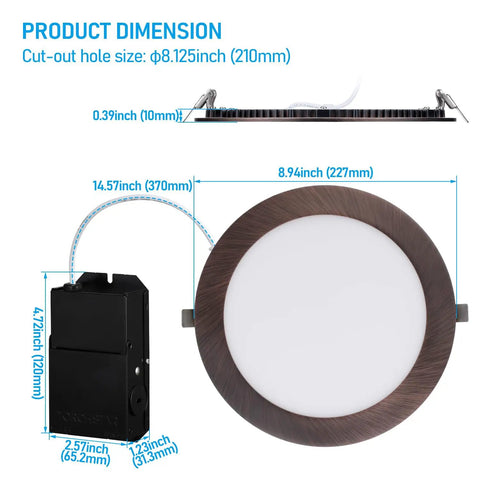 Dimensions of the 8 Inch Slim Recessed LED Canless Downlight Kit With J-Box, Dimmable 18W, ETL Listed, CRI 90, 5000K Daylight, Oil Rubbed Bronze Finish