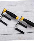 Heavy Duty Gypsum Board Lifter For Drywall And Glass Multi Function Handle Pair with black and yellow grips on a wooden surface.
