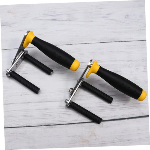 Heavy Duty Gypsum Board Lifter For Drywall And Glass Multi Function Handle Pair with black and yellow grips on a wooden surface.