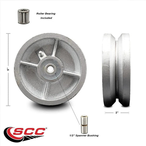5 inch V-groove replacement wheel with roller bearing and spanner bushing for industrial use, heavy-duty cast iron construction