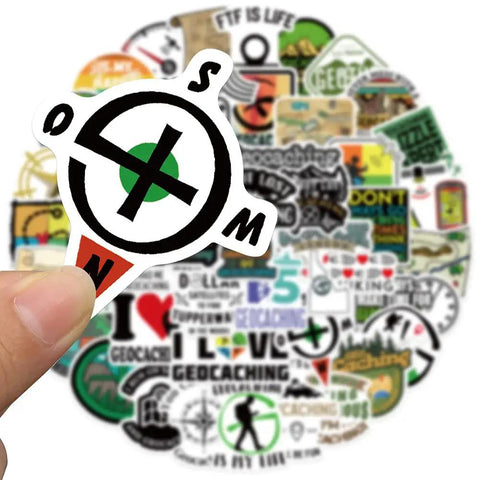 50 Piece Waterproof Geocaching Stickers Pack Vinyl Decals featuring compass design for water bottles, laptops, and more.
