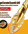Side view of golden 8-piece hardened alloy drill bit set with 4-flute core for concrete, brick, tile drilling