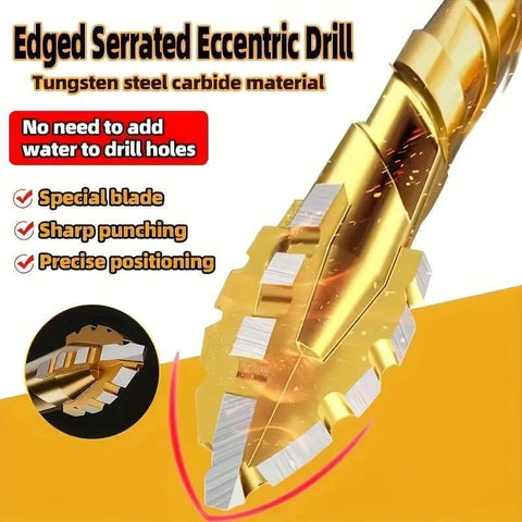Side view of golden 8-piece hardened alloy drill bit set with 4-flute core for concrete, brick, tile drilling