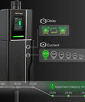 Level One And Two EV Charger 40 Amp 25 Ft Portable J1772 Nema 1450 Station display showing charging settings and current.