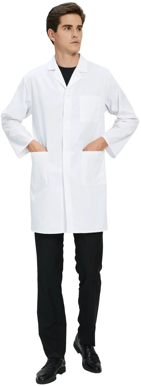 Long White Lab Coat For Men And Unisex Medical Pros Scientist Doctor Nurse Or Student Cotton Polyester Blend Medium Size
