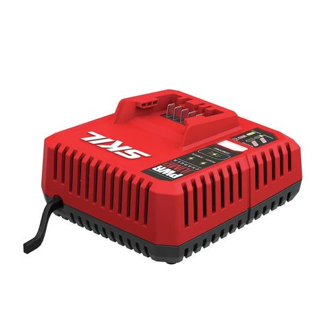 PWRCore 12 PWRJump Charger Delivers A 25 Percent Charge In Just 5 Minutes For Your Power Tools With USB Output And LED Indicators Fully Recharges In About 45 Minutes So You Can Get Back To Work Fast, red charger front view
