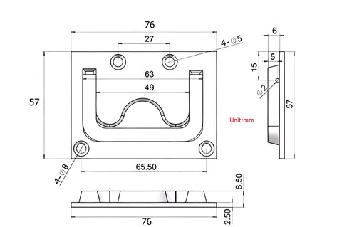 Technical diagram of 316 Stainless Steel Electrophoretic Black Hatch Ring Pull For Deck Hatch, 76x57mm with measurements