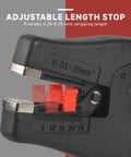 Close-up of Automatic Wire Stripper With Built In Cutter For AWG 32 To 7 0.03-10 Mm2 showing adjustable length stop