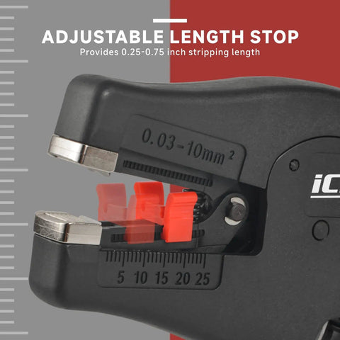Close-up of Automatic Wire Stripper With Built In Cutter For AWG 32 To 7 0.03-10 Mm2 showing adjustable length stop