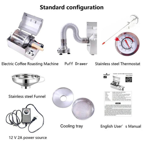 Direct Fired 450g Home Coffee Roaster Machine With 110V Electric Operation, stainless steel shell, and accessories displayed