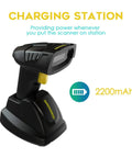 Wireless Barcode Scanner With Charging Cradle That Reads 1D And 2D Barcodes Including QR Data Matrix And PDF417 From Paper Or Screens No Fuss 400m Transmission Range 2200mAh Battery Cordless CMOS Image Scanner For Computer on charging station