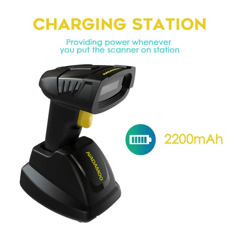 Wireless Barcode Scanner With Charging Cradle That Reads 1D And 2D Barcodes Including QR Data Matrix And PDF417 From Paper Or Screens No Fuss 400m Transmission Range 2200mAh Battery Cordless CMOS Image Scanner For Computer on charging station