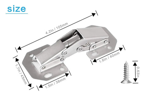 Solid As A Rock 40 Pack Hidden Cabinet Hinges For Frameless Doors Surface Mount dimensions with screws for installation overview.