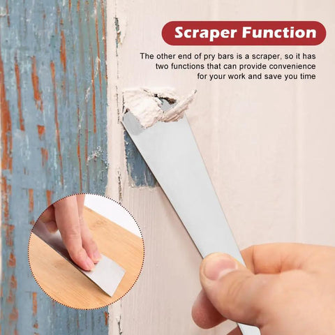 Flat Pry Bar Set showing stainless steel scraper in use on painted wood, highlighting dual scraper function for DIY carpentry projects.