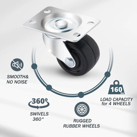 POWERTEC 2-Inch swivel caster wheels, set of 4 with rubber wheels and mounting plate, 160 lb capacity.