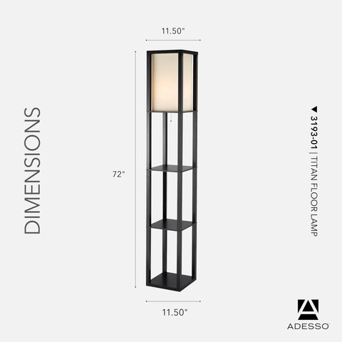 Tall Square Floor Lamp With Three Tier Open Shelves And Black Base Featuring Soft Fabric Shade For Cozy Warm Ambient Lighting