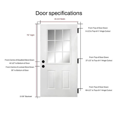Top Shelf Fiberglass Entry Door Thirty Six By Eighty Inches Nine Lite Low E Glass Primed White Oak Knock Down Build specification diagram