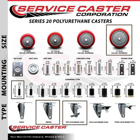 Heavy Duty Polyurethane Swivel Casters In Bold Red With Expanding Stems And Top Locking Brakes for 3, 3.5, 4, and 5 inch sizes.