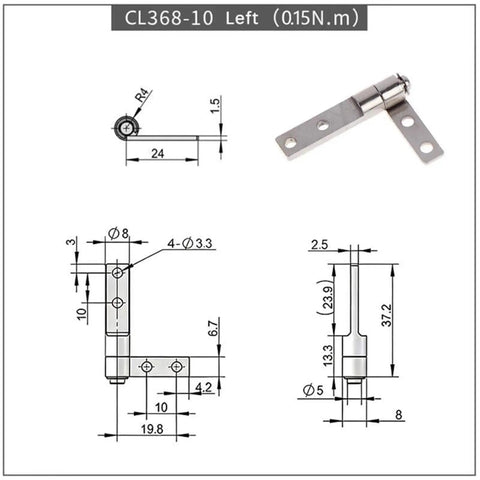 Technical diagram of torque shaft industrial cabinet hinges with soft close damping for quiet smooth self close.