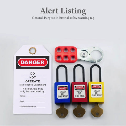 10 Piece Equipment Repair Tags PVC And Metal Lockout Hanging Tags for industrial safety with lockout devices shown