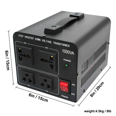 1000W Voltage Converter Transformer Step Up Down 110V to 220V 220V to 110V With US Power Cord featuring universal sockets and circuit breaker
