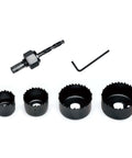 Front view of KATA 6-piece hole saw kit with mandrels and hex key; black metal hole saws in varying sizes.