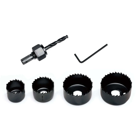 Front view of KATA 6-piece hole saw kit with mandrels and hex key; black metal hole saws in varying sizes.
