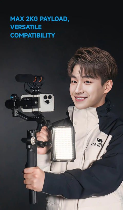 Person holding Scorp Mini 3 Gimbal Stabilizer for Smartphones with AI Tracking, built-in cooling fan, 2 kg payload.